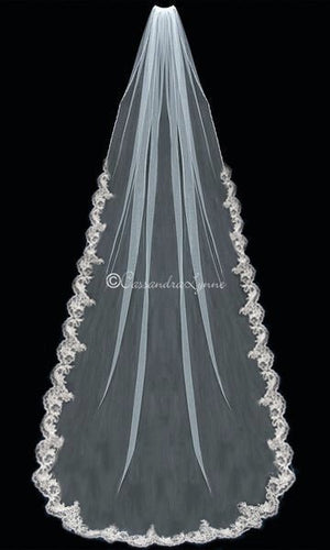 Ivory Regal Length Wedding Veil with Lace and Pearls - Cassandra Lynne