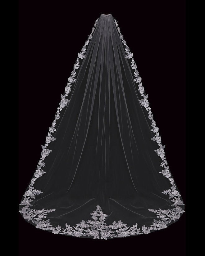 Ivory Sequined Flowers Lace Cathedral Veil - Cassandra Lynne