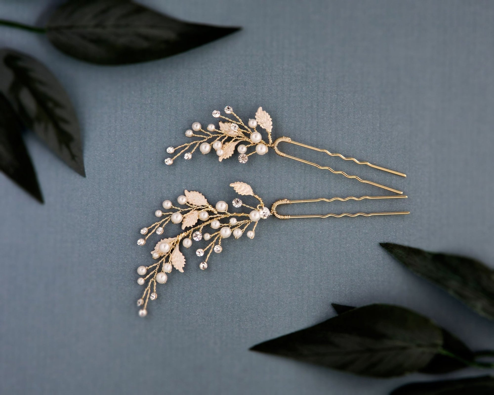 Freshwater Pearl Bridal Hair Pin Set of 2 by Twigs & Honey - Baby's Breath Pearl and Crystal Pin Set of 2 - Style #2114 Gold