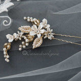 Light Gold Oat Pearl and Porcelain Bridal Hair Pin - Hair Pins - Cassandra Lynne