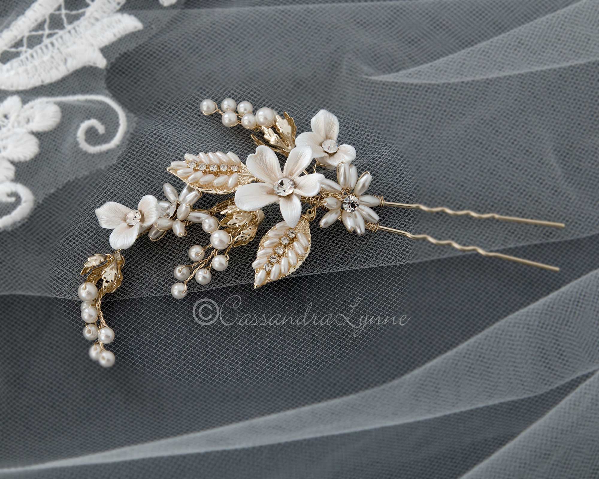 Light Gold Oat Pearl and Porcelain Bridal Hair Pin - Hair Pins - Cassandra Lynne
