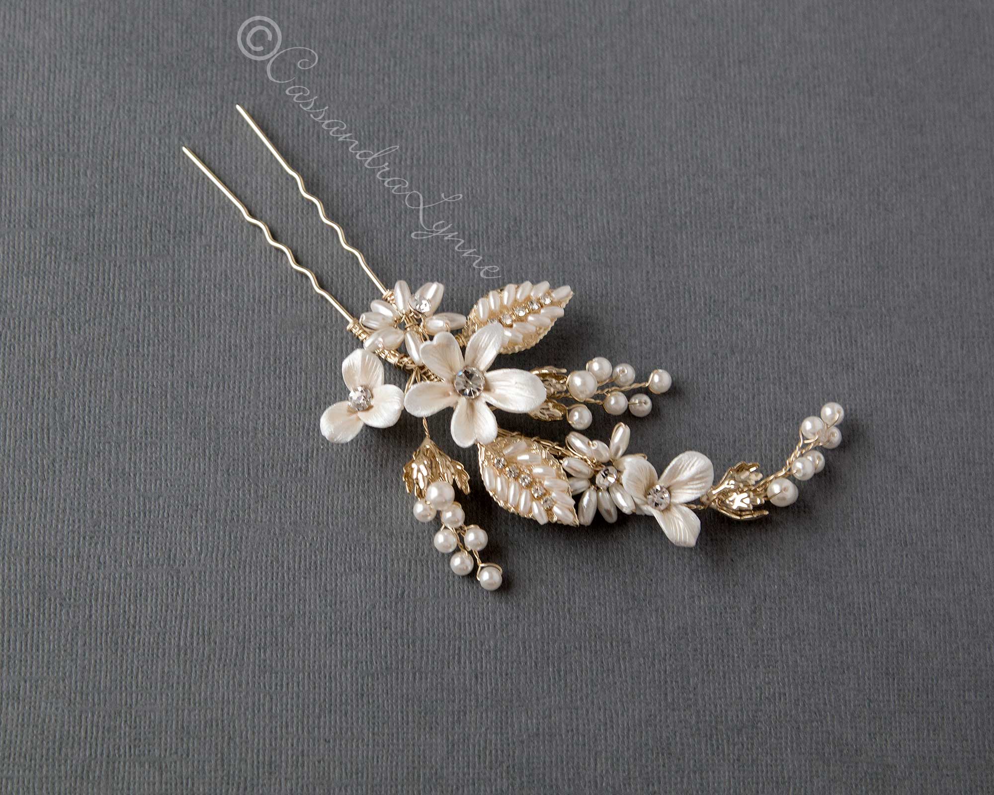Light Gold Oat Pearl and Porcelain Bridal Hair Pin - Hair Pins - Cassandra Lynne