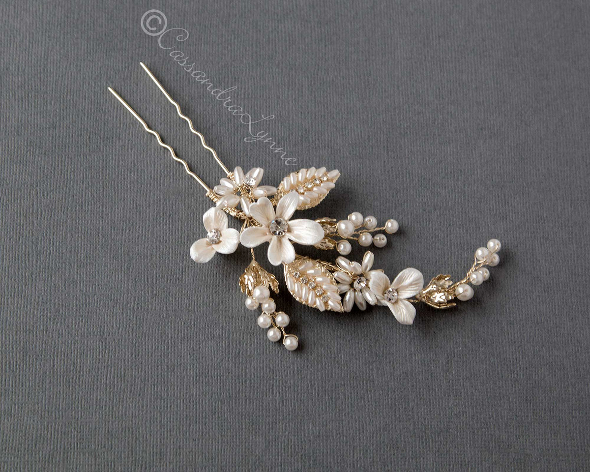 Light Gold Oat Pearl and Porcelain Bridal Hair Pin - Cassandra Lynne