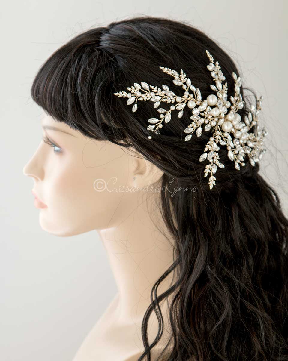 Light Gold Wedding Headpiece with Ivory Pearls - Cassandra Lynne