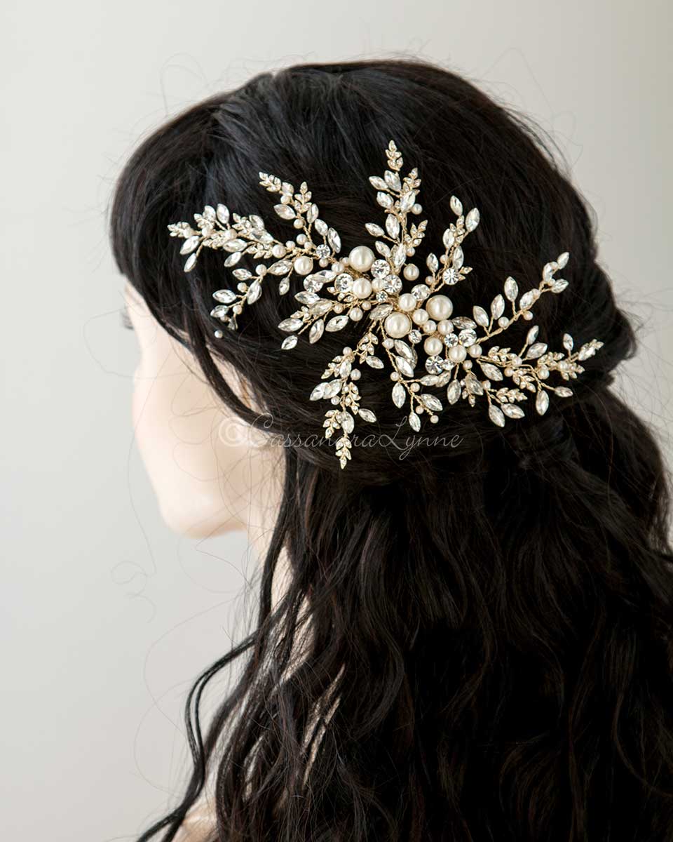 Light Gold Wedding Headpiece with Ivory Pearls - Cassandra Lynne