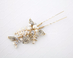 Light Gold Wedding Pin of Fern Leaves and Pearls - Cassandra Lynne