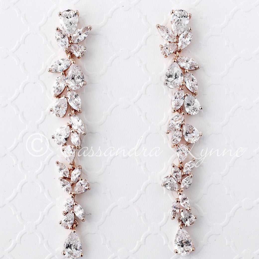 Long Bridal Earrings of Teardrop and Marquise CZ - Earrings - Cassandra Lynne