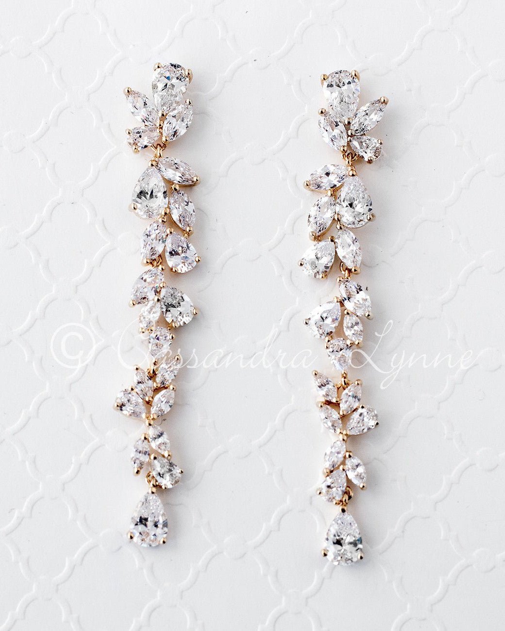 Long Bridal Earrings of Teardrop and Marquise CZ - Earrings - Cassandra Lynne