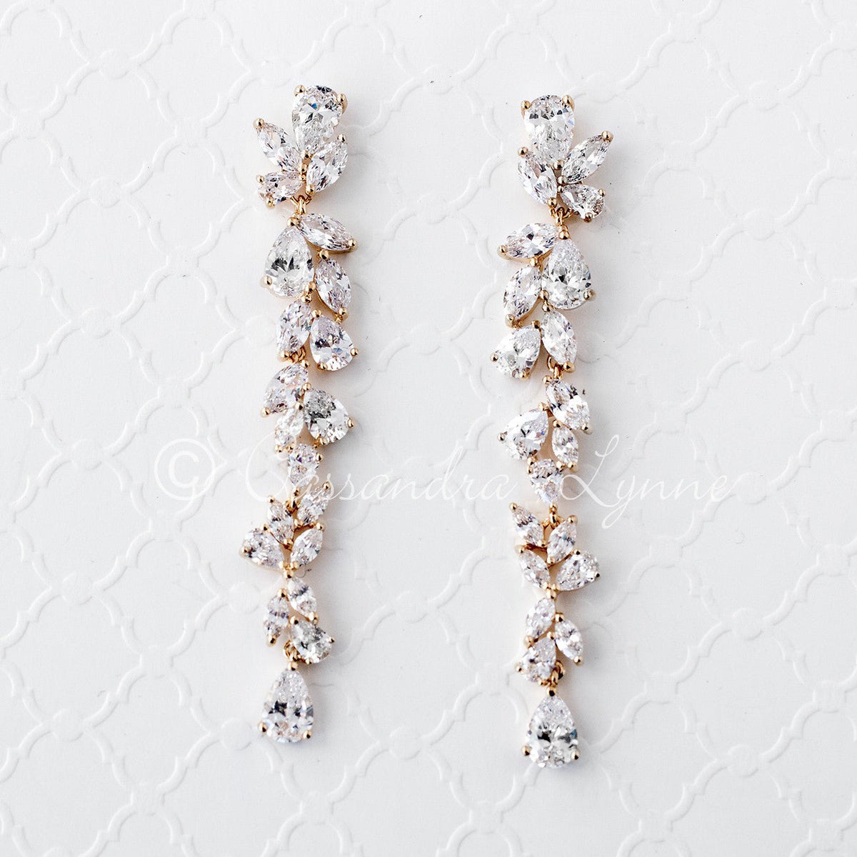 Long Bridal Earrings of Teardrop and Marquise CZ - Cassandra Lynne