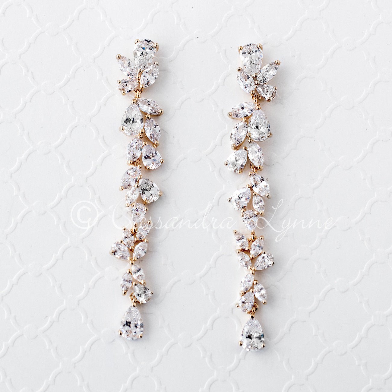 Long Bridal Earrings of Teardrop and Marquise CZ - Cassandra Lynne