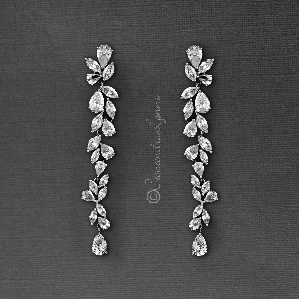 Long Bridal Earrings of Teardrop and Marquise CZ - Cassandra Lynne