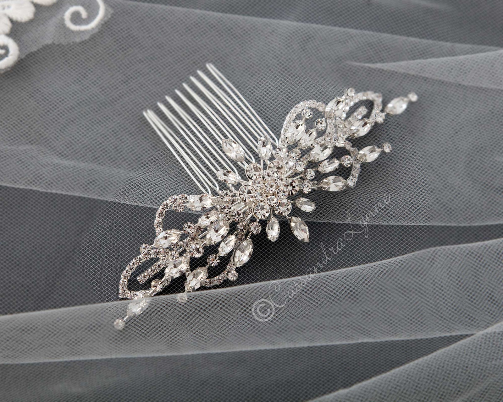 Marquise Burst Bridal Veil Comb - Hair Comb - Cassandra Lynne