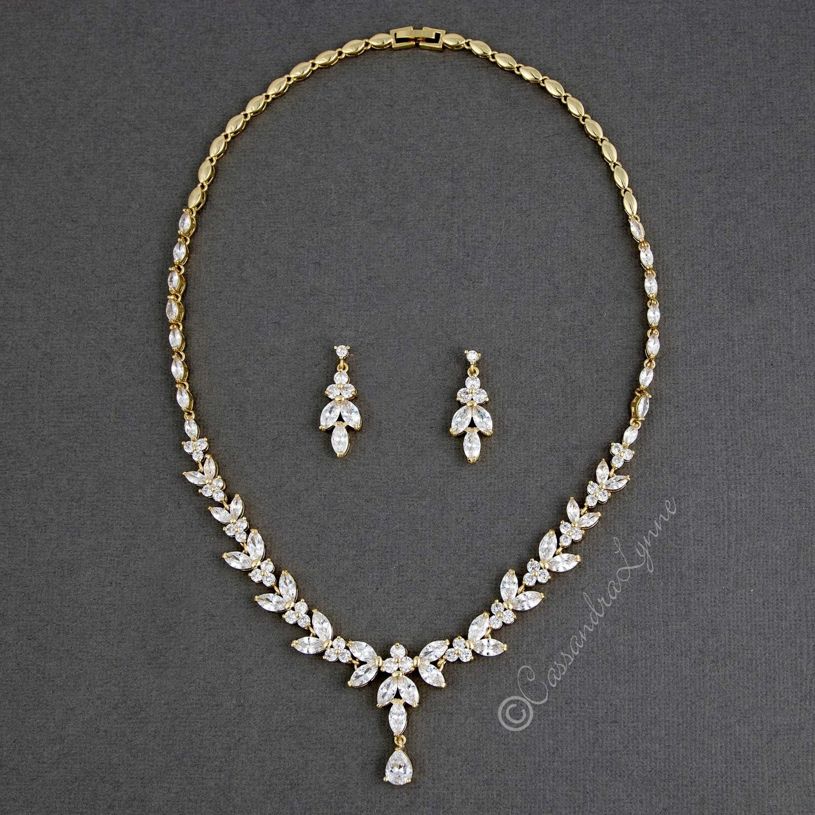 Marquise Leaf Bridal Necklace and Earrings - Cassandra Lynne
