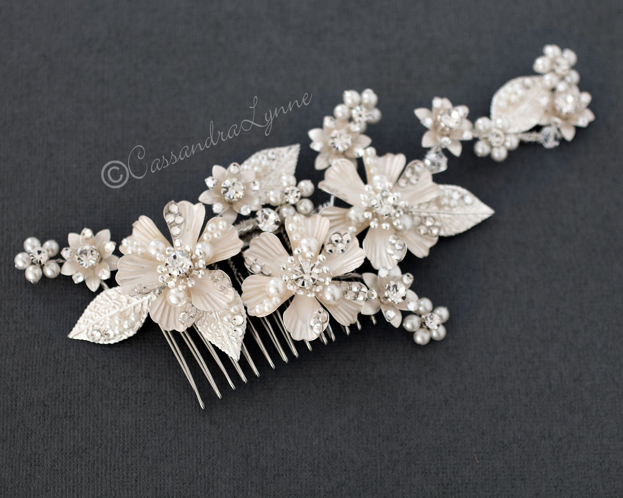 Matte Metal Flowers and Pearls Comb - Cassandra Lynne