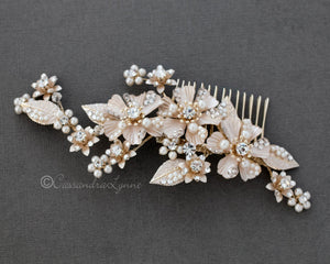 Matte Metal Flowers and Pearls Comb - Cassandra Lynne