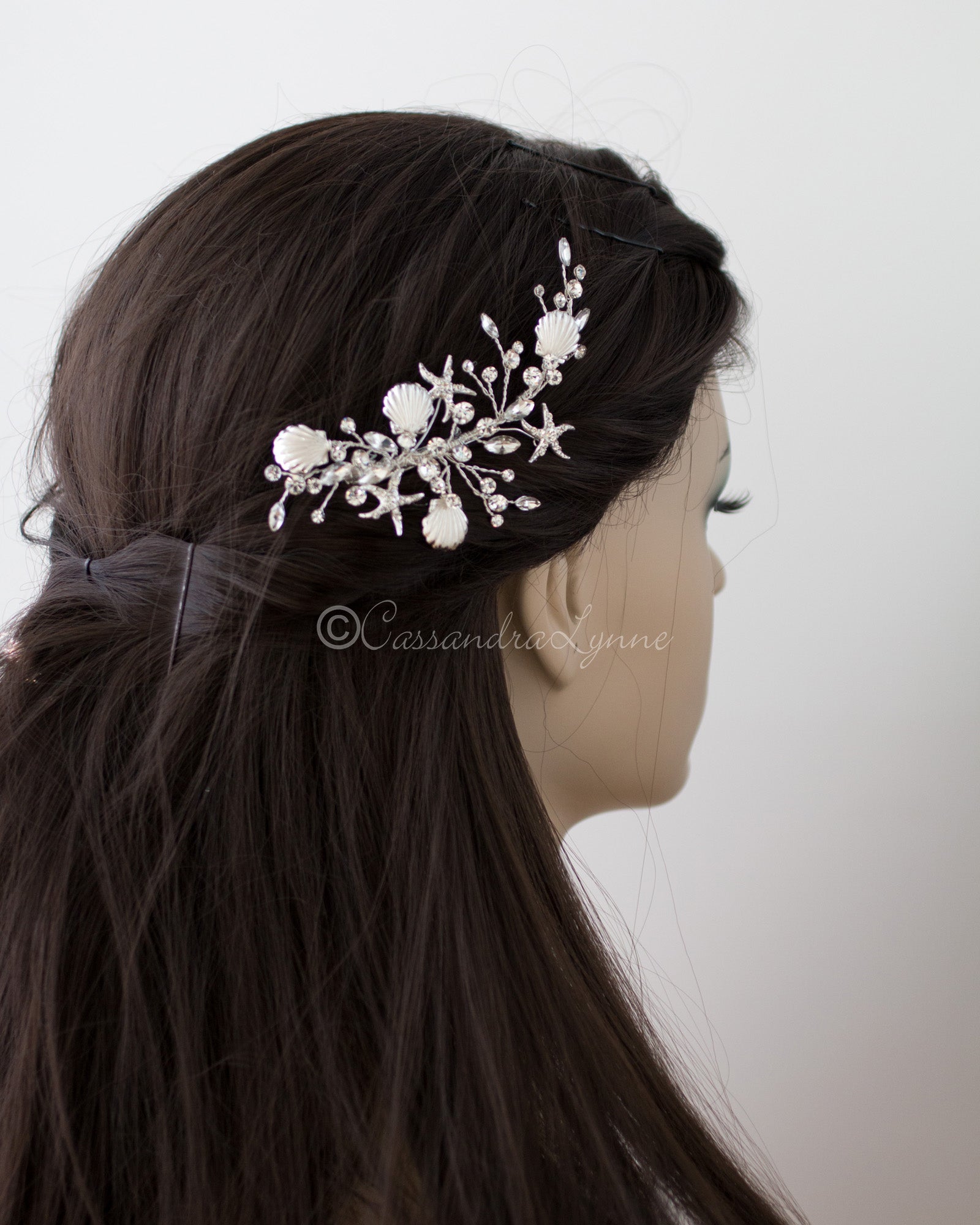 Matte Silver Shells and Starfish Beach Bride Clip - Hair Clips - Cassandra Lynne