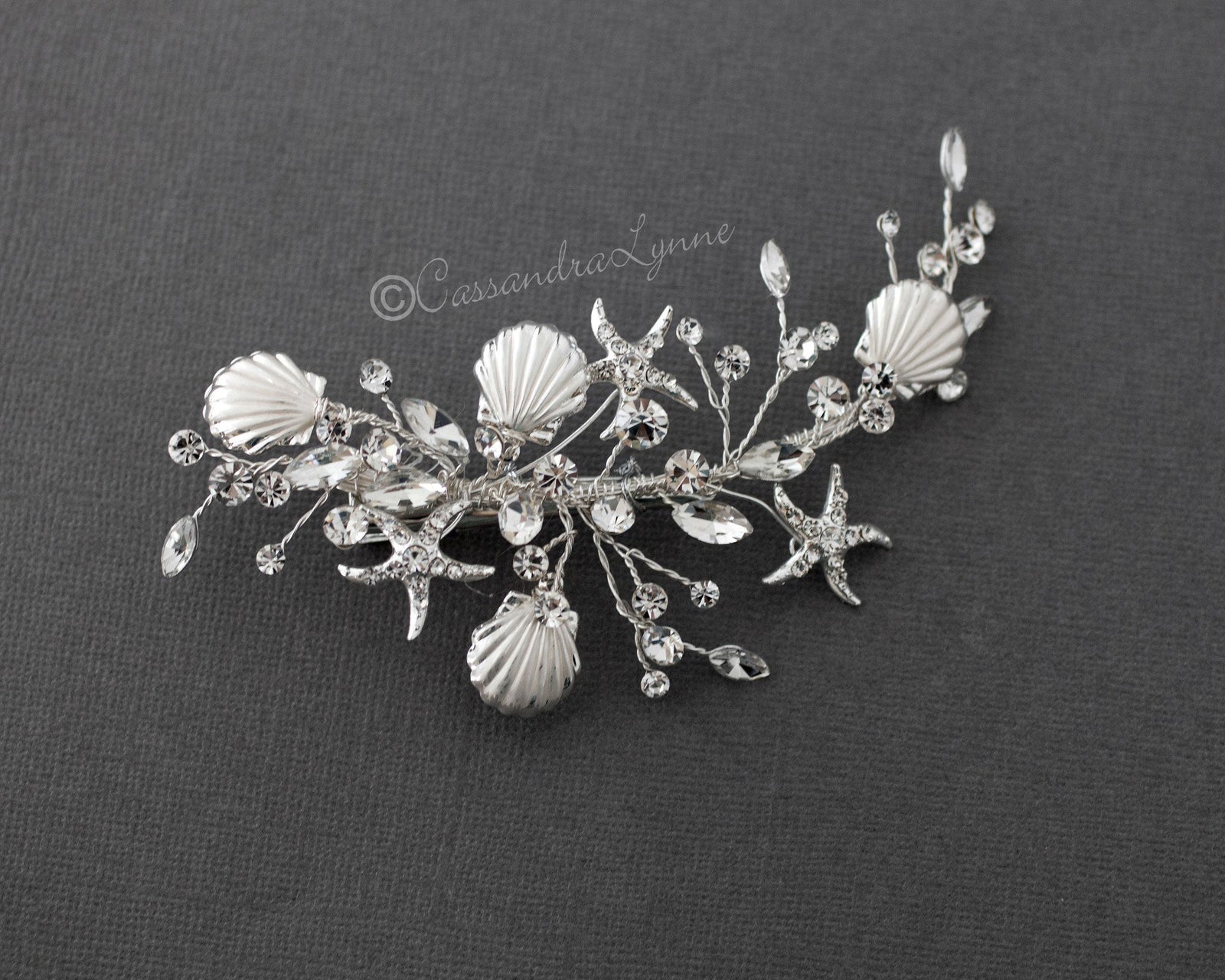 Matte Silver Shells and Starfish Beach Bride Clip - Hair Clips - Cassandra Lynne