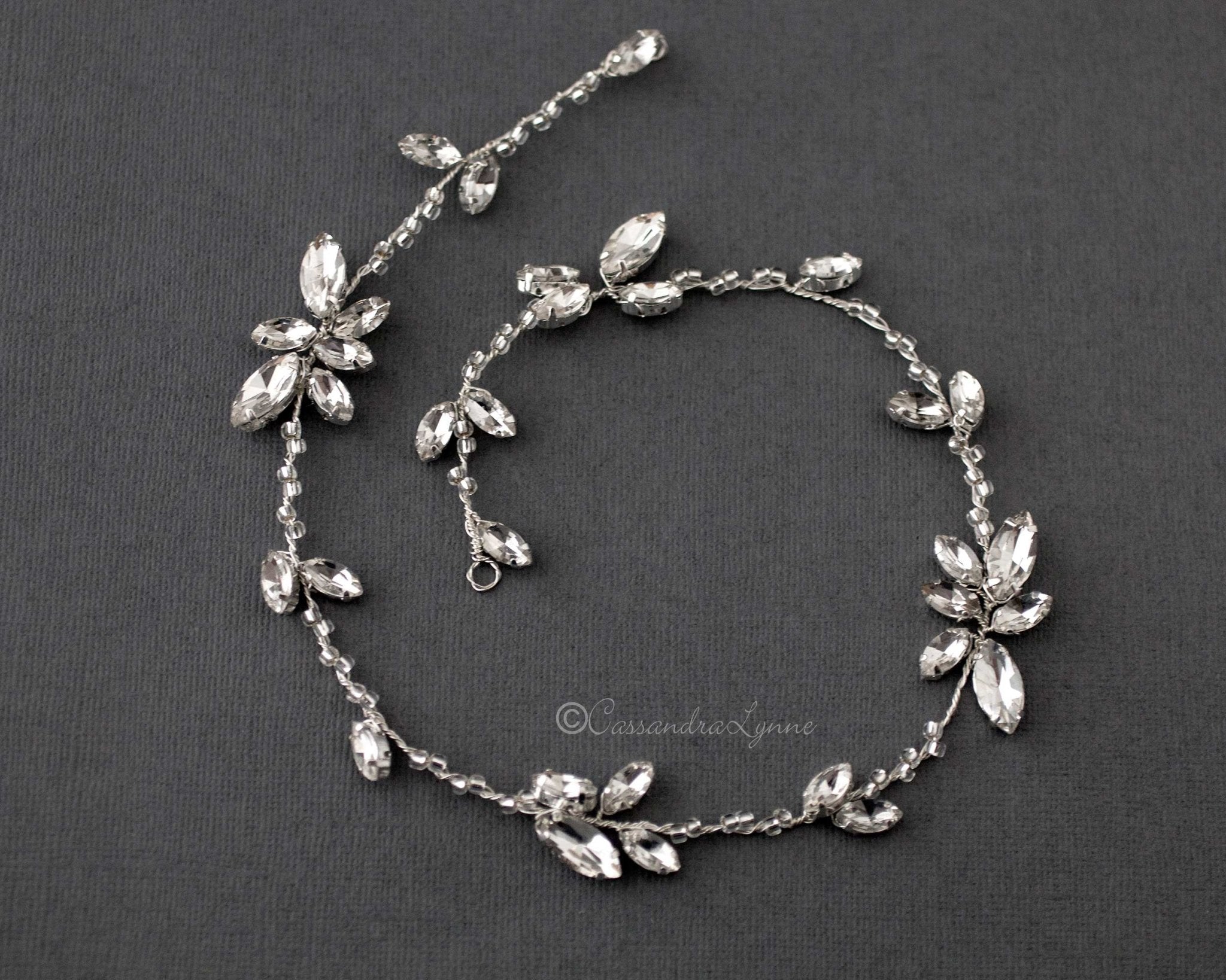 Minimalist Bridal Hair Vine of Beads and Marquise Leaves - Hair Vine - Cassandra Lynne
