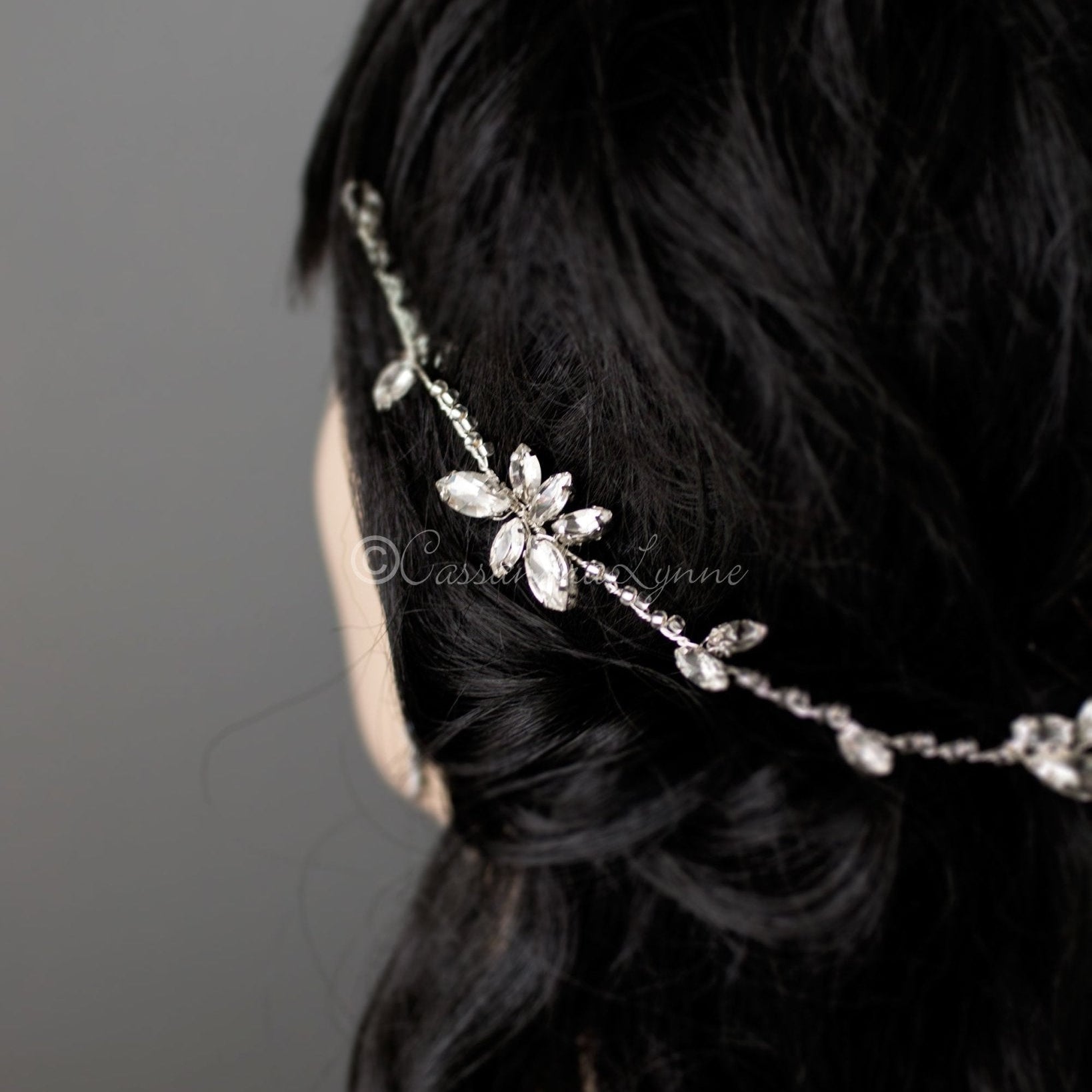 Minimalist Bridal Hair Vine of Beads and Marquise Leaves - Hair Vine - Cassandra Lynne