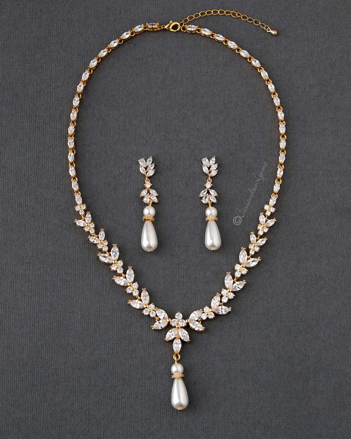 Pearl and CZ Wedding Necklace Set - Cassandra Lynne