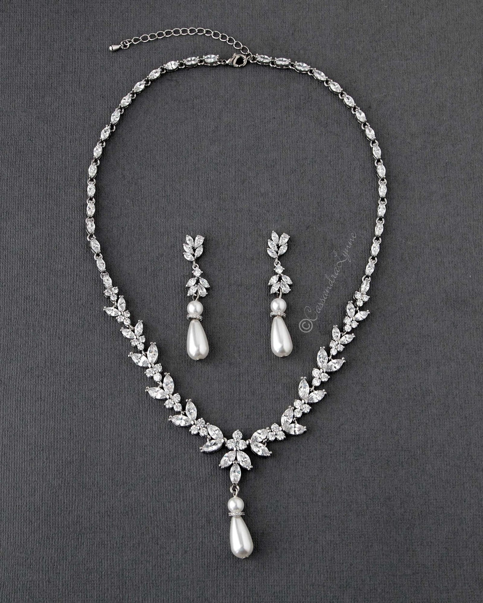 Ophelia Pearl and CZ Wedding Necklace Set