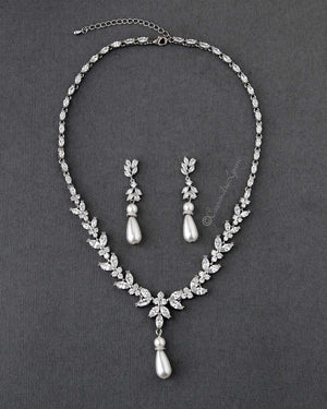 Ophelia Pearl and CZ Wedding Necklace Set