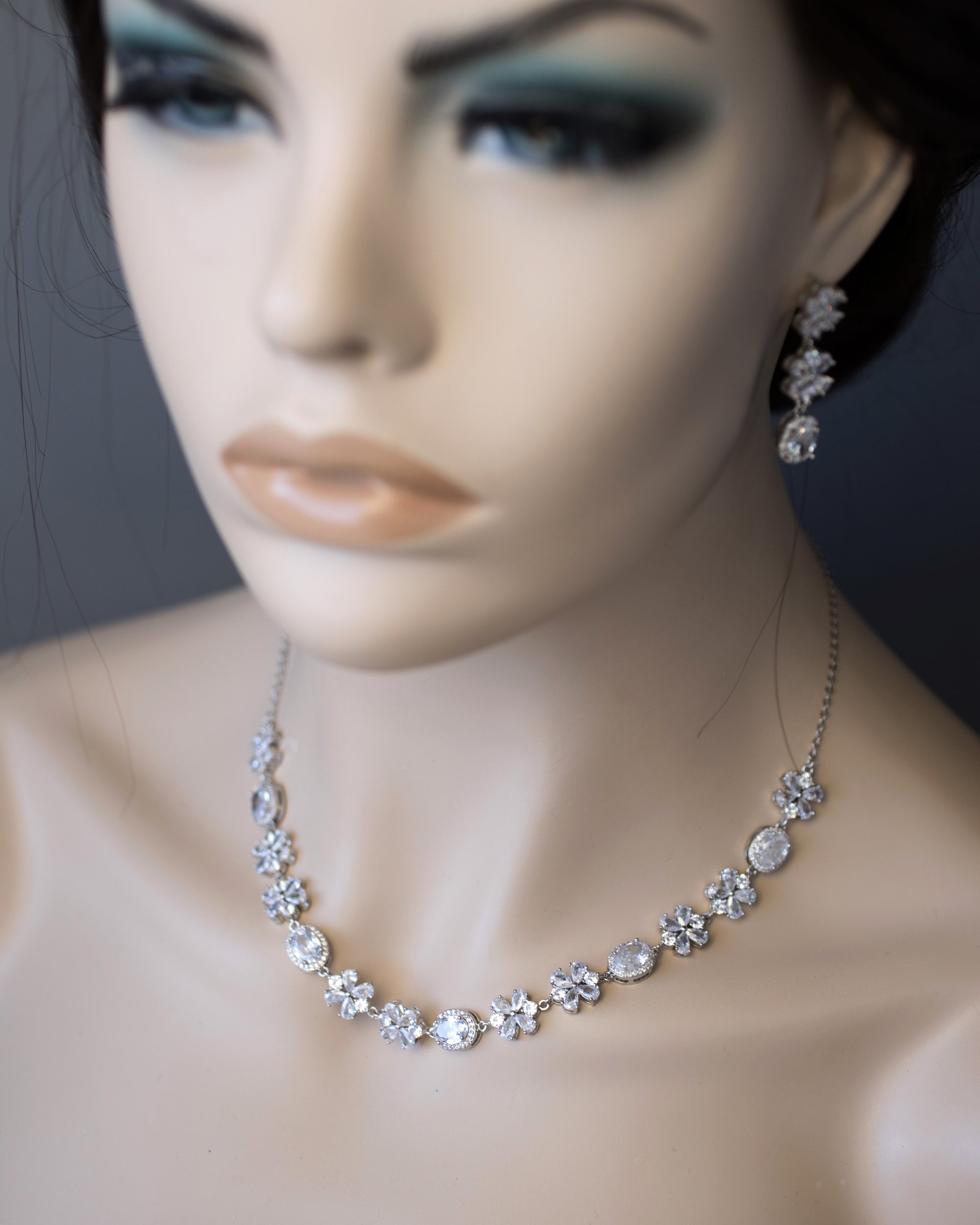 CZ Oval and Flowers Necklace and Earrings - Cassandra Lynne