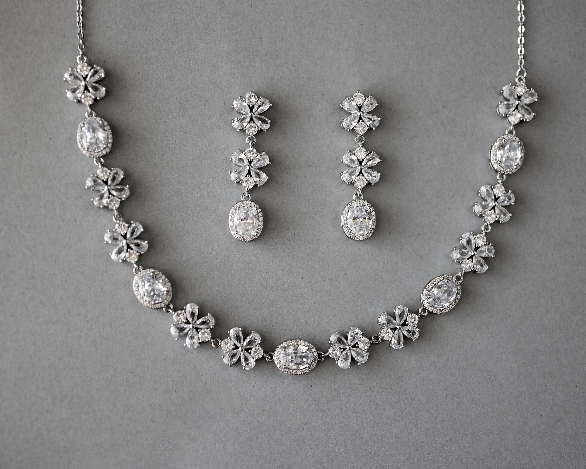 CZ Oval and Flowers Necklace and Earrings
