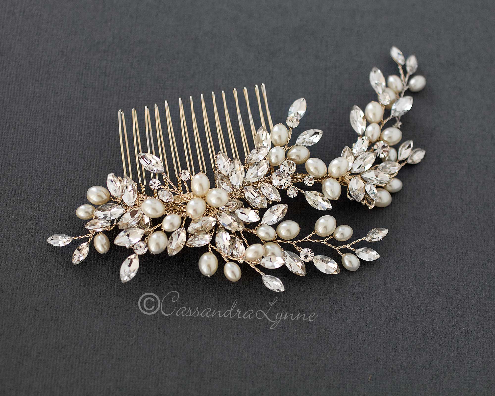 Oval Pearls Crystal Wedding Hair Comb - Hair Comb - Cassandra Lynne