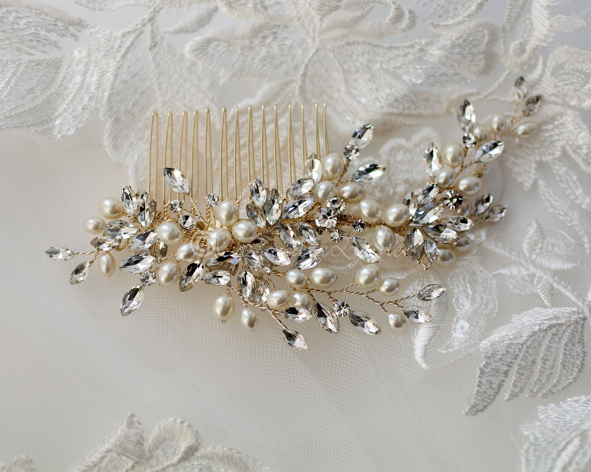 Oval Pearls Crystal Wedding Hair Comb - Hair Comb - Cassandra Lynne