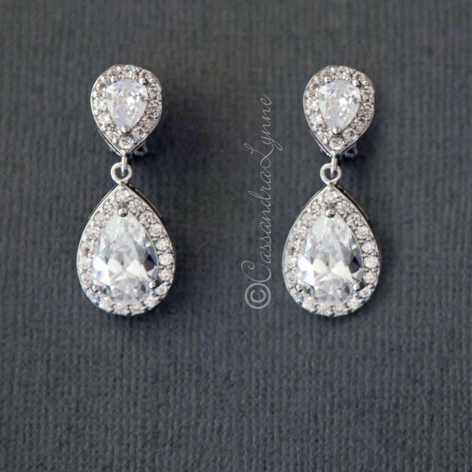 Pave Double Pear Clip - On CZ Earrings - Earrings - Cassandra Lynne
