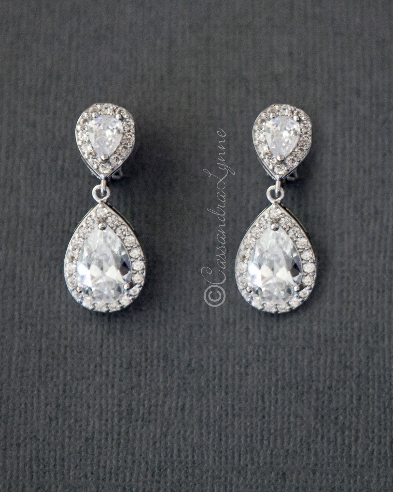 Pave Double Pear Clip - On CZ Earrings - Earrings - Cassandra Lynne