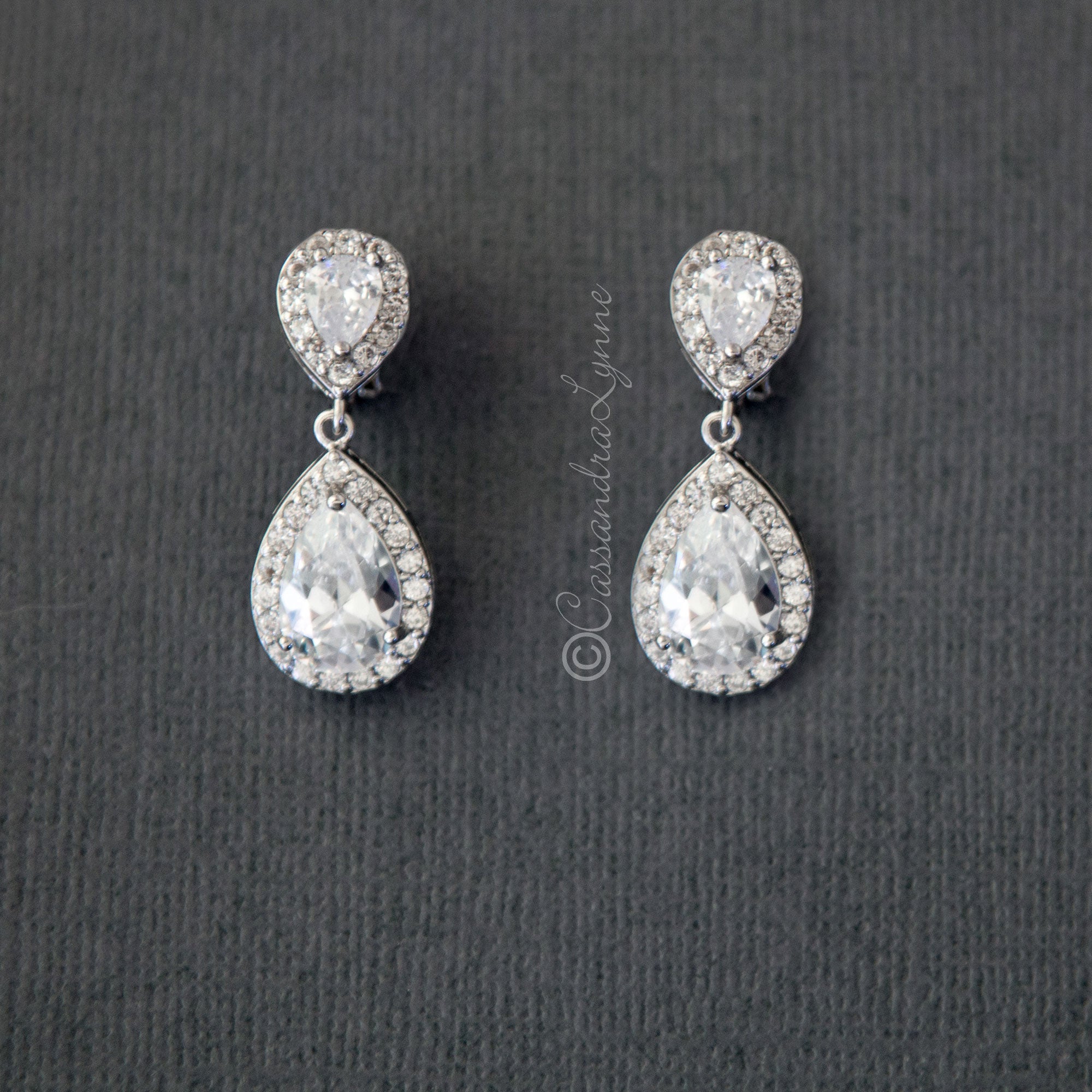 Pave Double Pear Clip - On CZ Earrings - Earrings - Cassandra Lynne