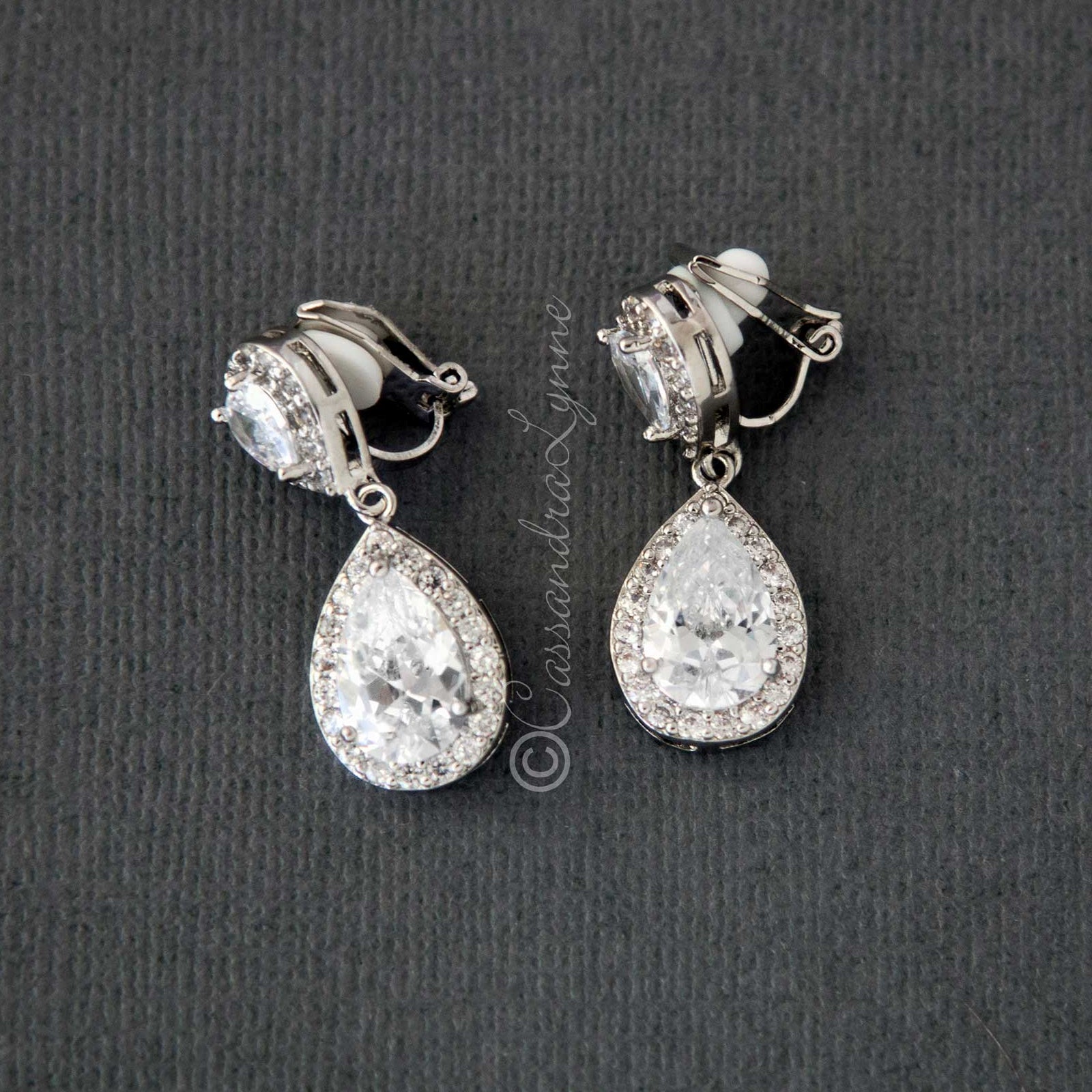 Pave Double Pear Clip - On CZ Earrings - Earrings - Cassandra Lynne