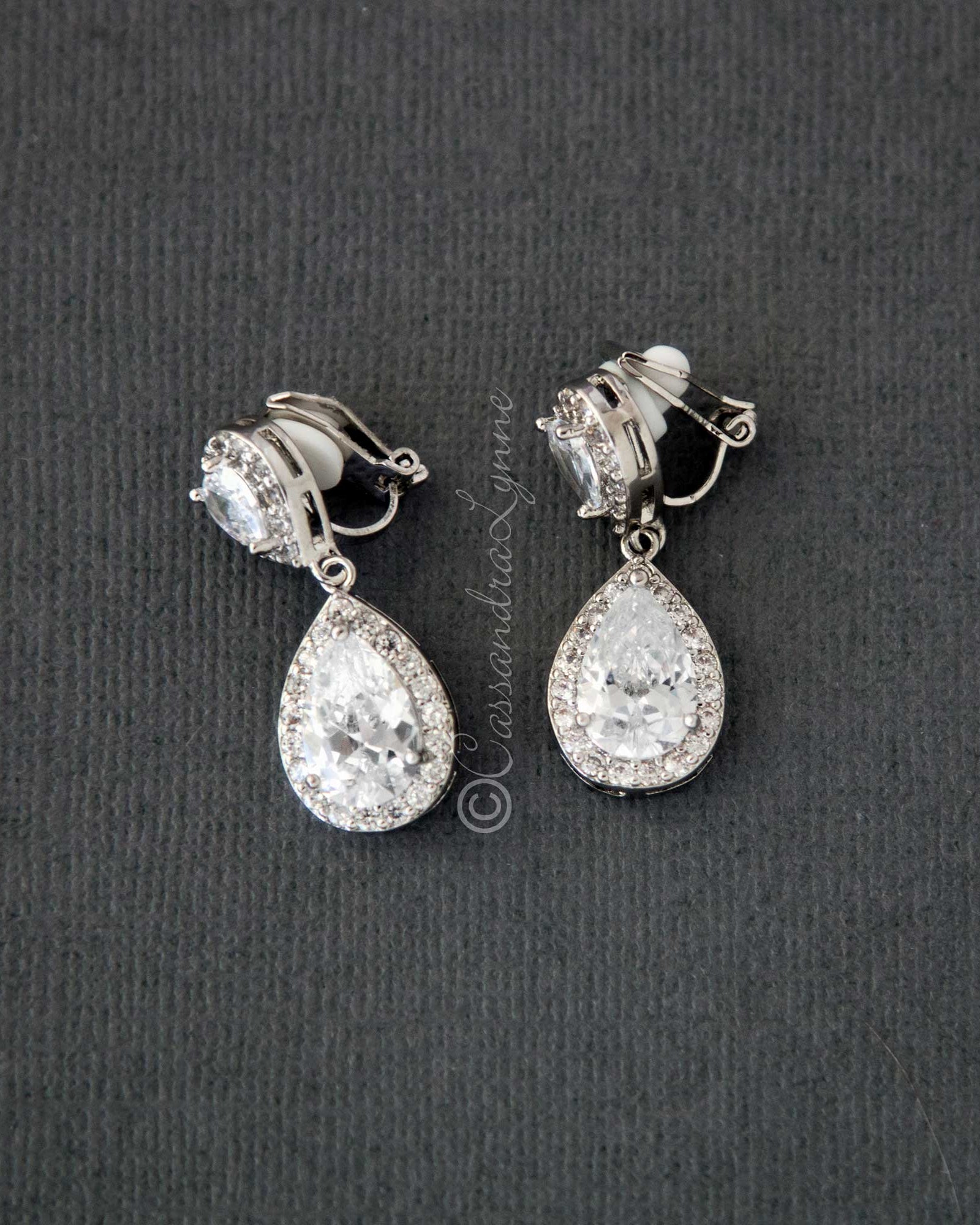 Pave Double Pear Clip - On CZ Earrings - Earrings - Cassandra Lynne
