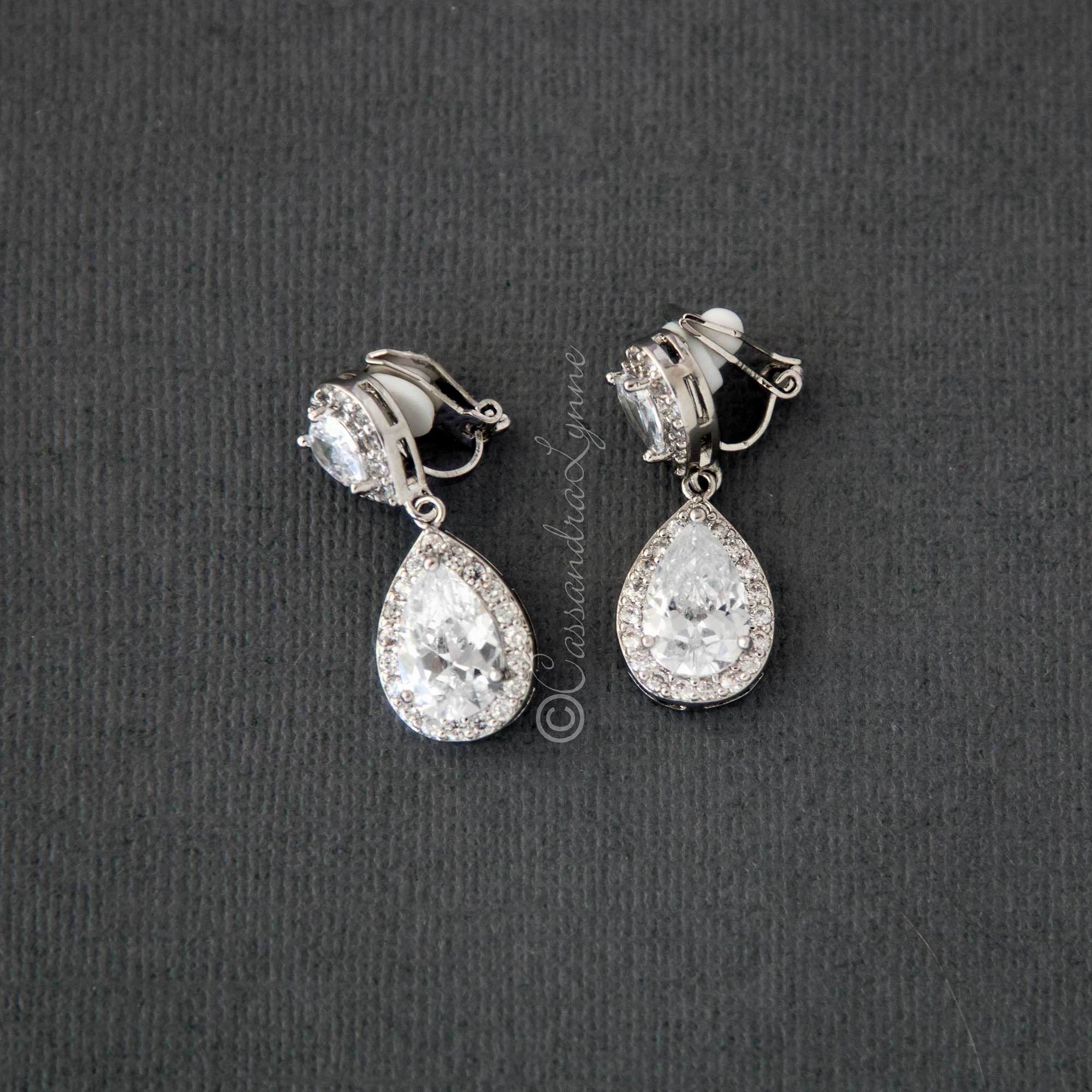 Pave Double Pear Clip - On CZ Earrings - Earrings - Cassandra Lynne