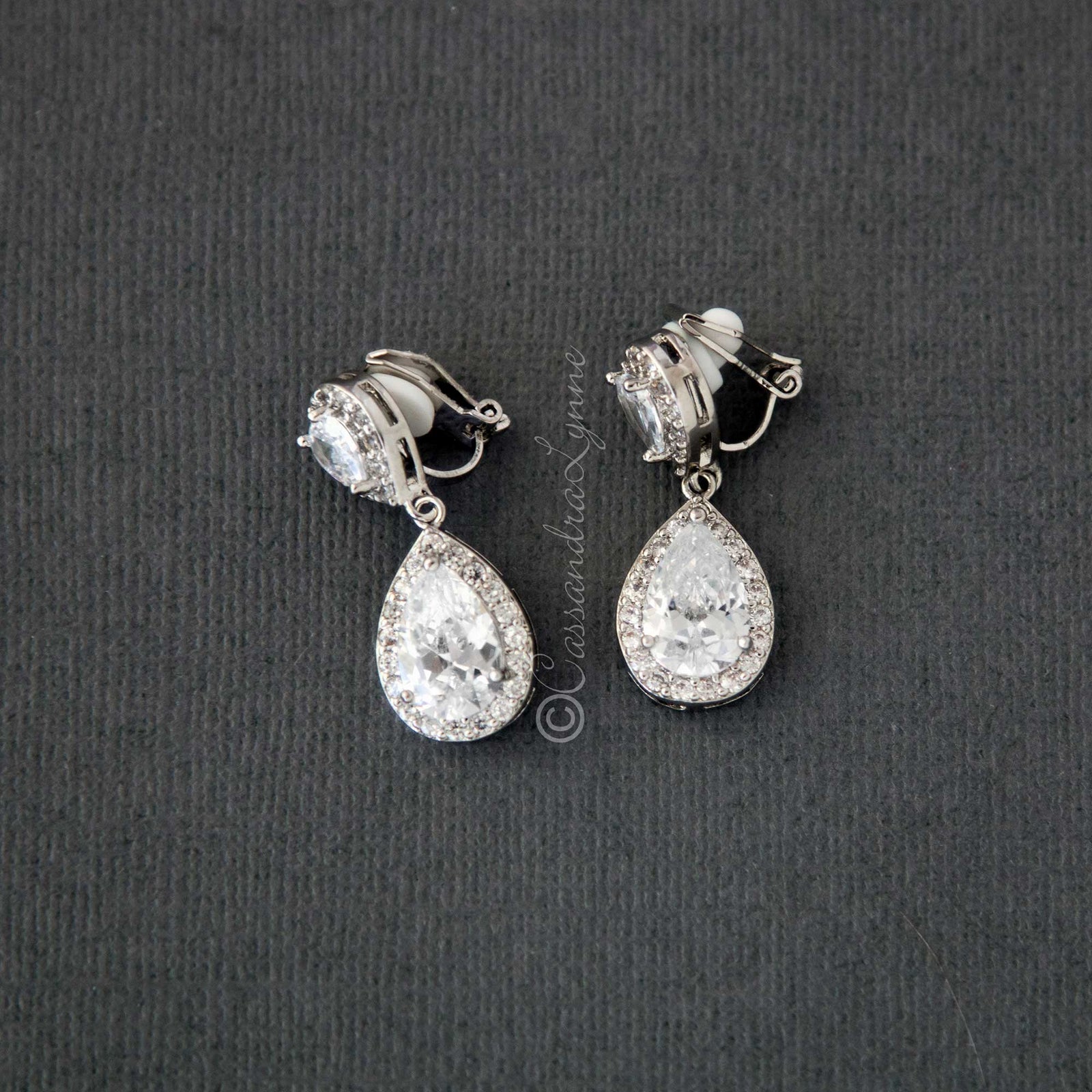 Pave Double Pear Clip - On CZ Earrings - Earrings - Cassandra Lynne