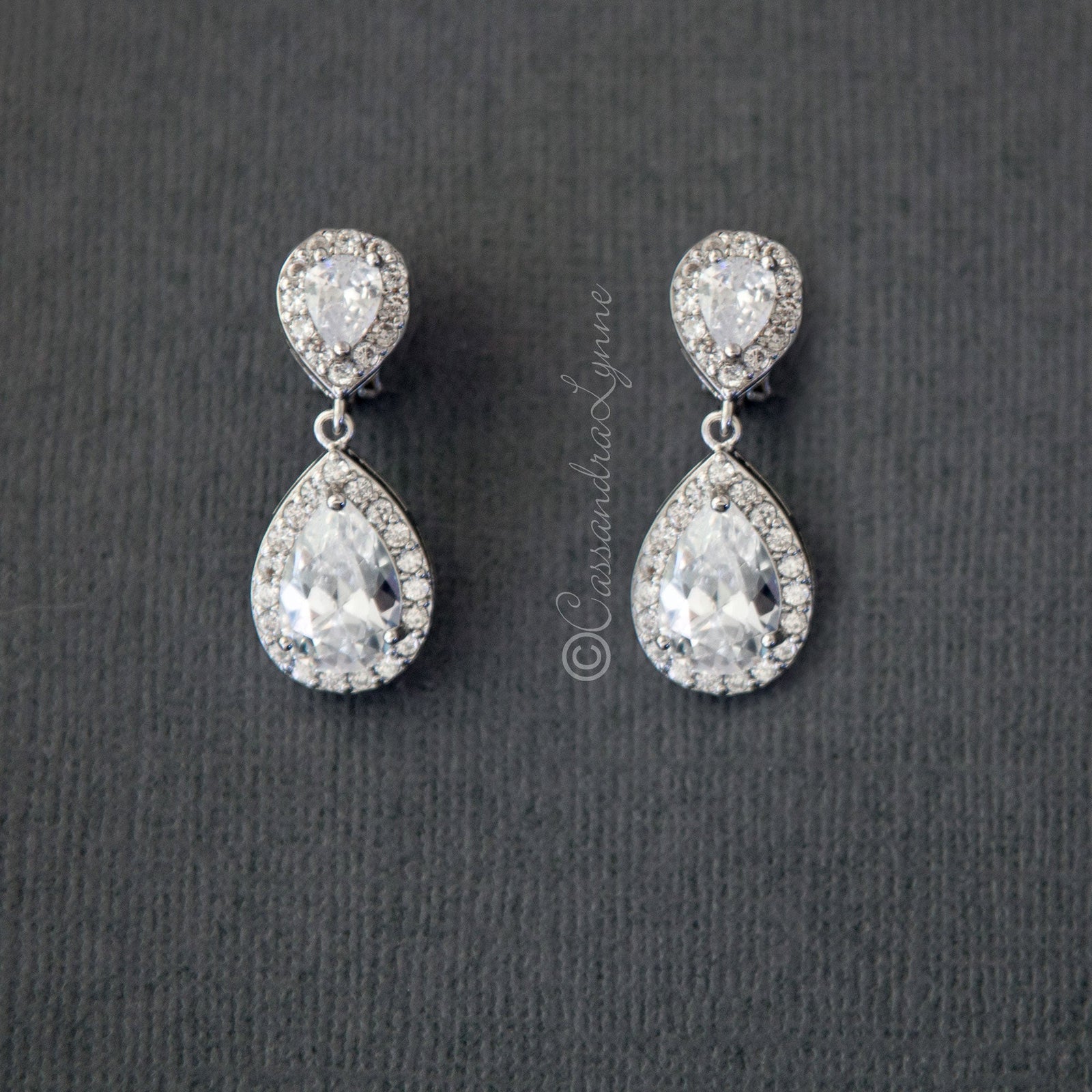 Pave Double Pear Clip-On CZ Earrings - Cassandra Lynne