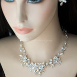 Pearl and Crystal Leaf Bridal Necklace Set - Necklace Set - Cassandra Lynne