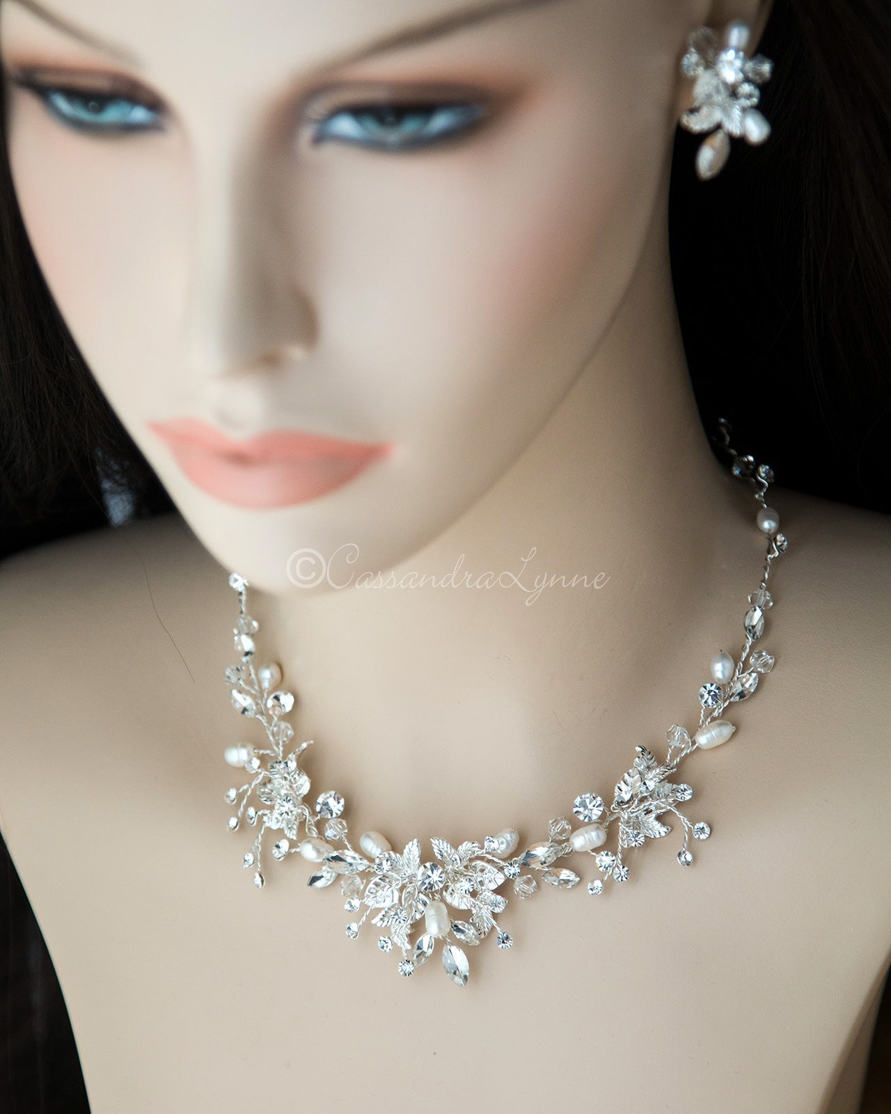 Pearl and Crystal Leaf Bridal Necklace Set - Necklace Set - Cassandra Lynne