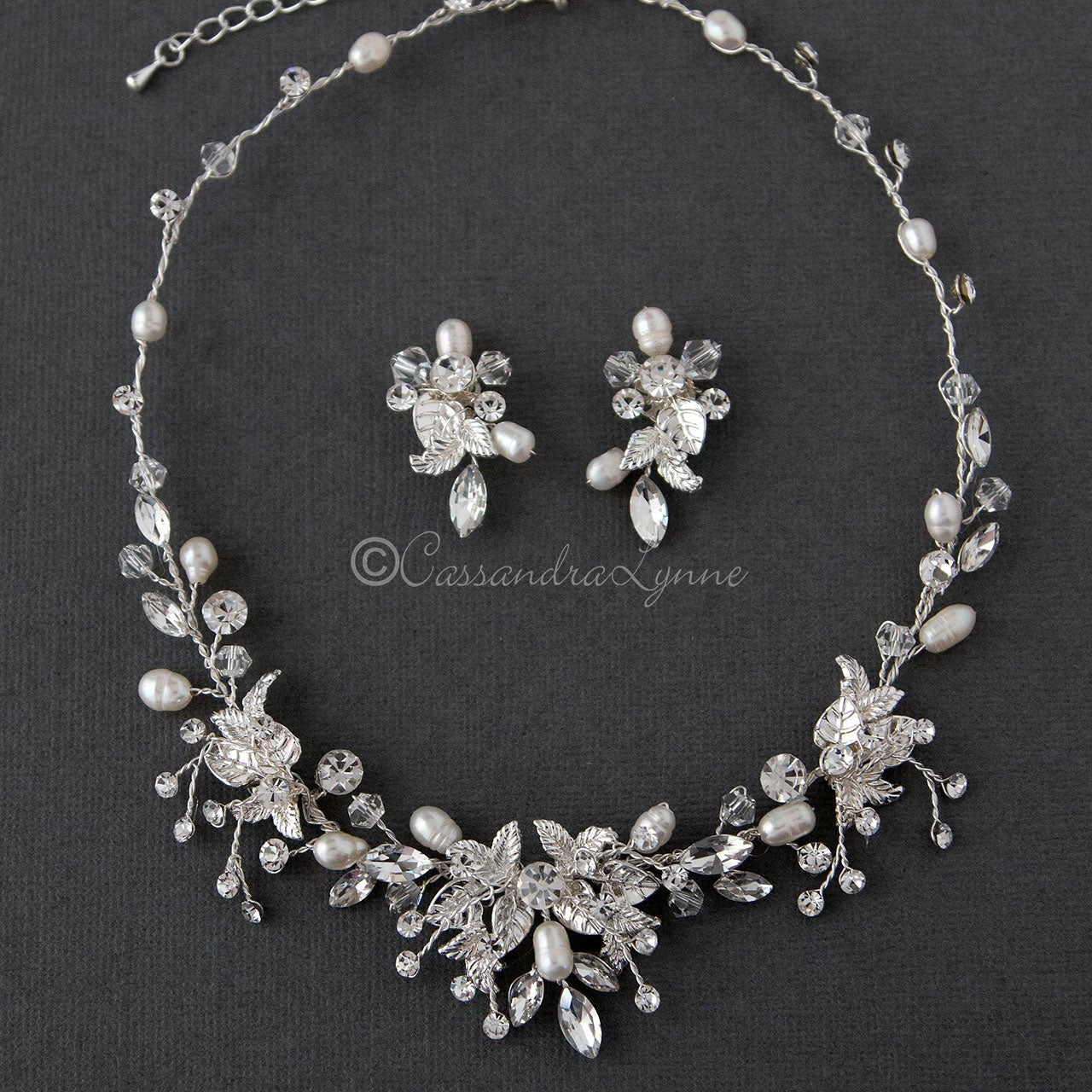 Pearl and Crystal Leaf Bridal Necklace Set - Necklace Set - Cassandra Lynne