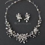 Pearl and Crystal Leaf Bridal Necklace Set - Necklace Set - Cassandra Lynne