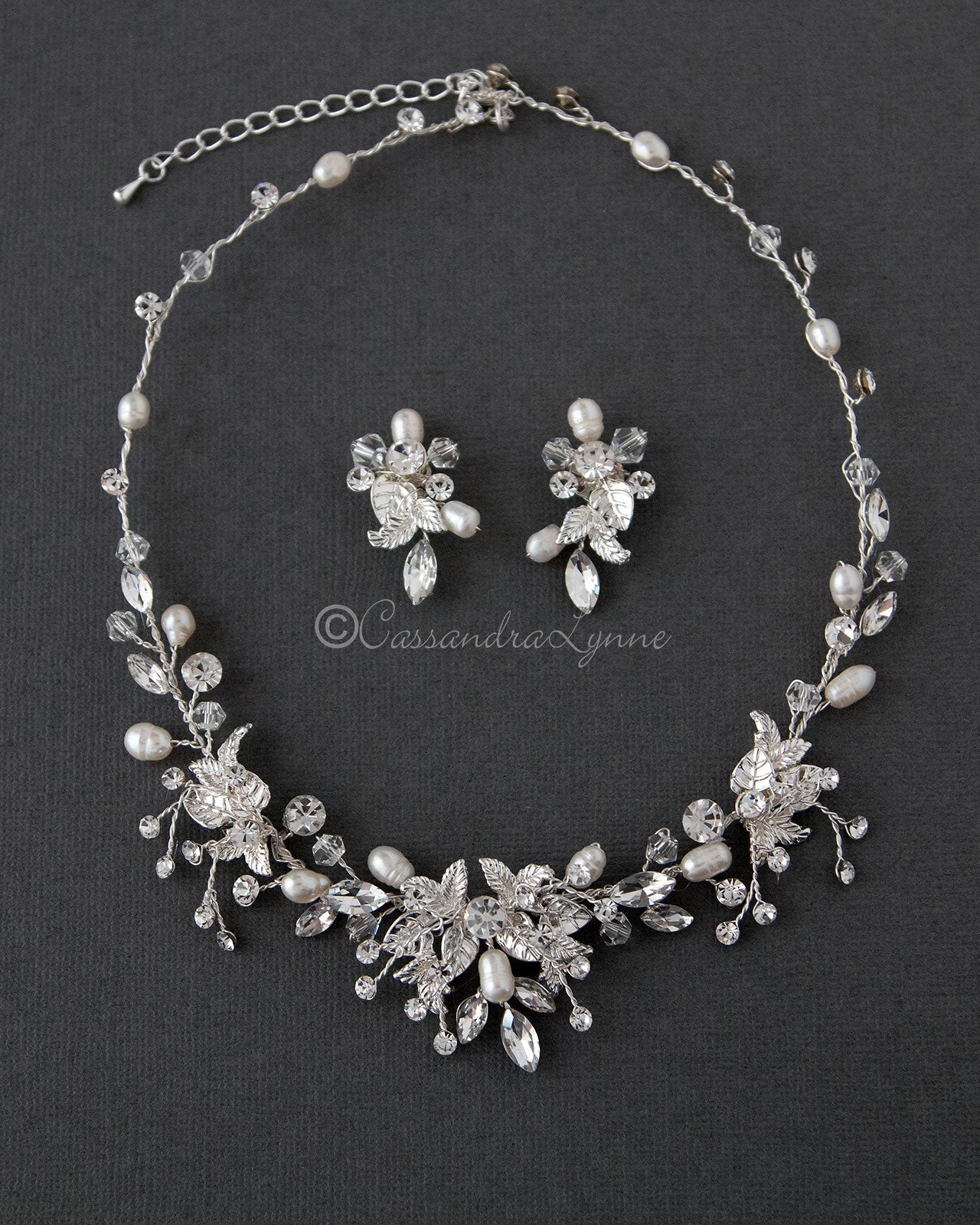 Pearl and Crystal Leaf Bridal Necklace Set - Necklace Set - Cassandra Lynne