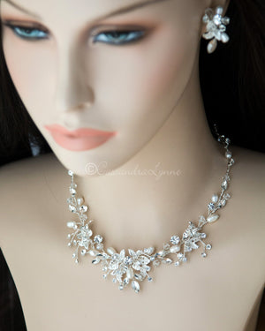 Pearl and Crystal Leaf Bridal Necklace Set