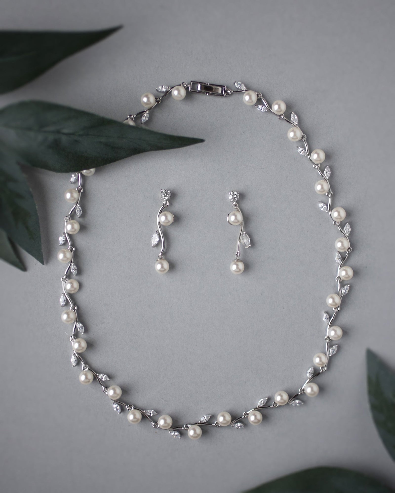 Pearl and CZ Leaves Necklace Set - Necklace Set - Cassandra Lynne