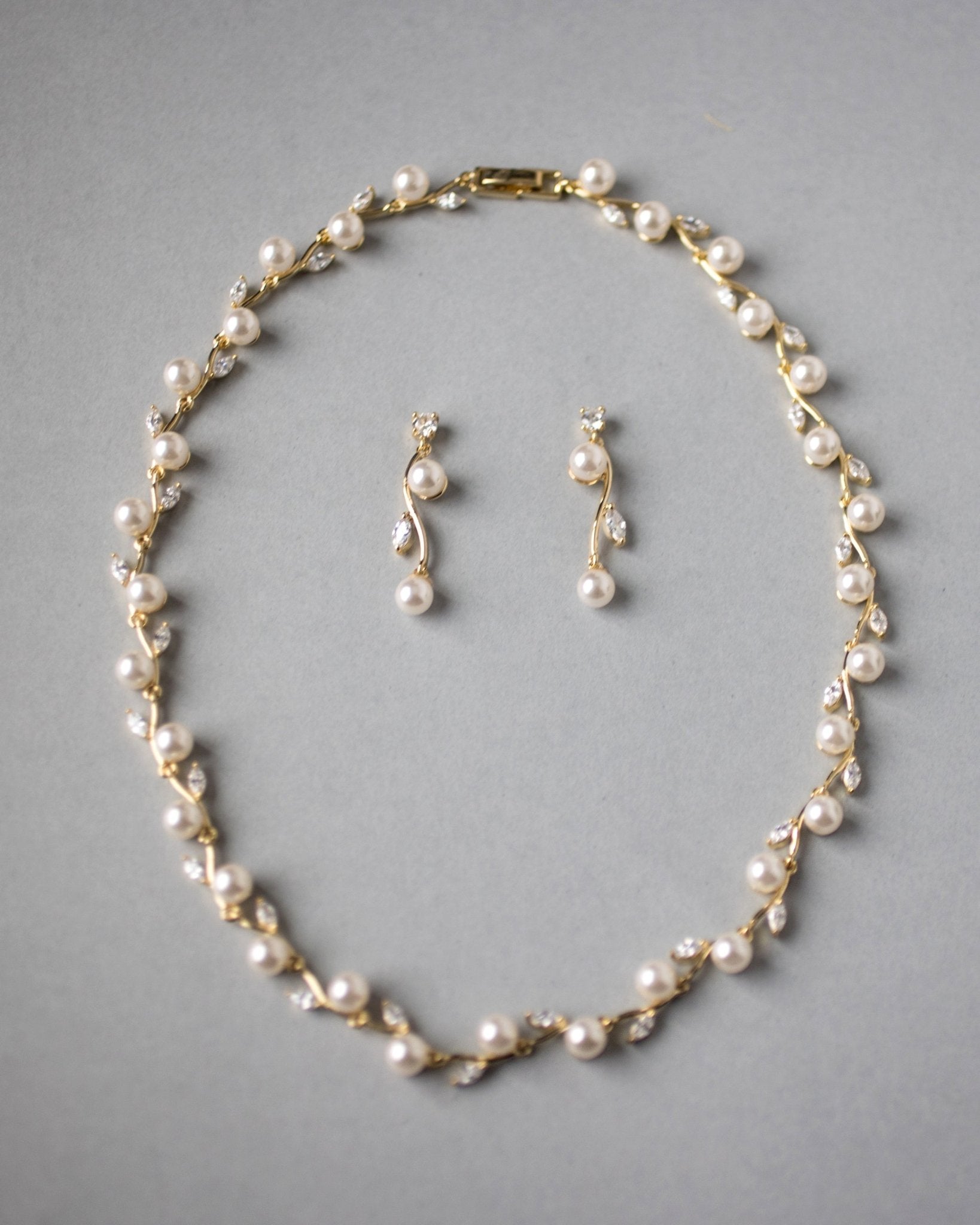 Pearl and CZ Leaves Necklace Set - Necklace Set - Cassandra Lynne