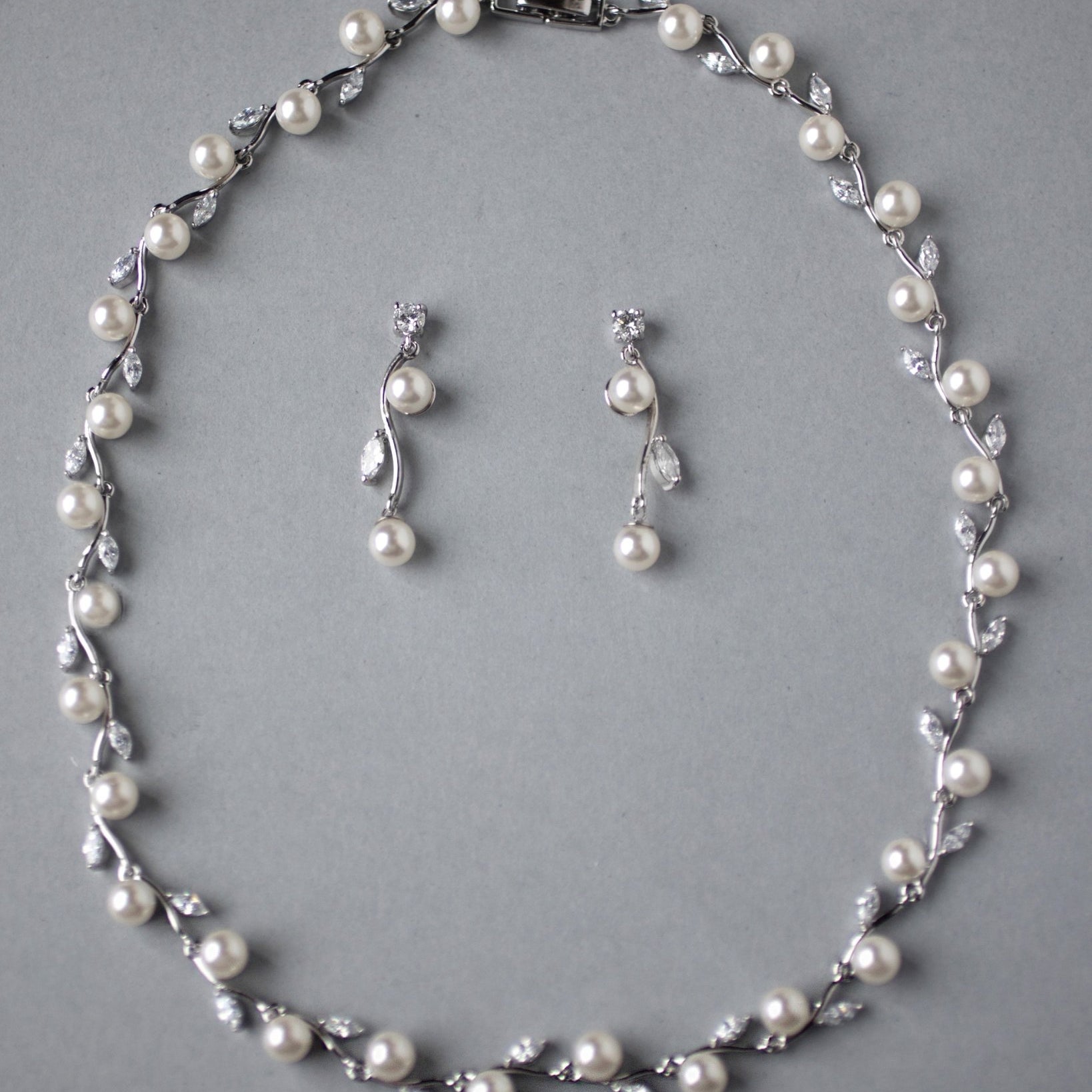 Pearl and CZ Leaves Necklace Set - Necklace Set - Cassandra Lynne