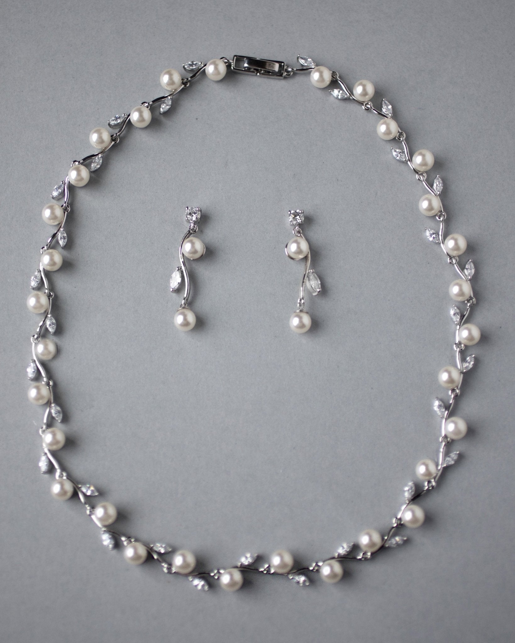 Pearl and CZ Leaves Necklace Set - Necklace Set - Cassandra Lynne