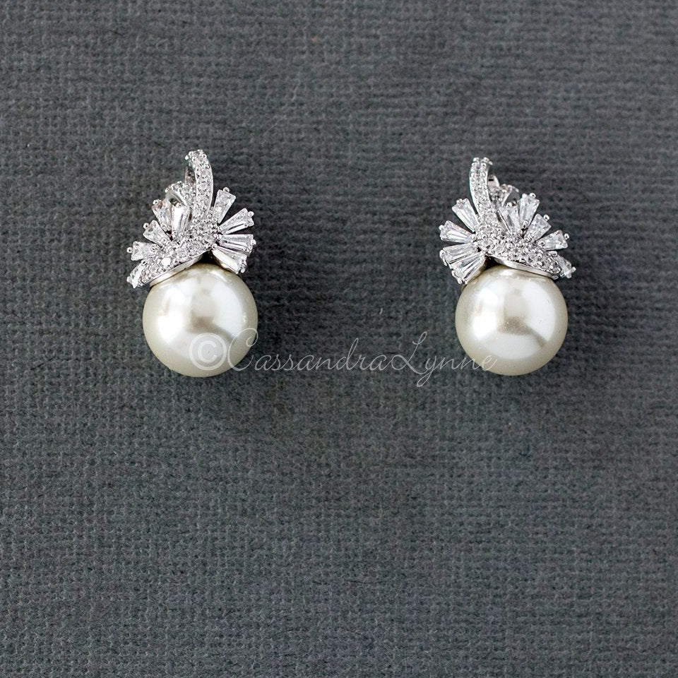 Pearl and CZ Wedding Jewelry Studs - Earrings - Cassandra Lynne