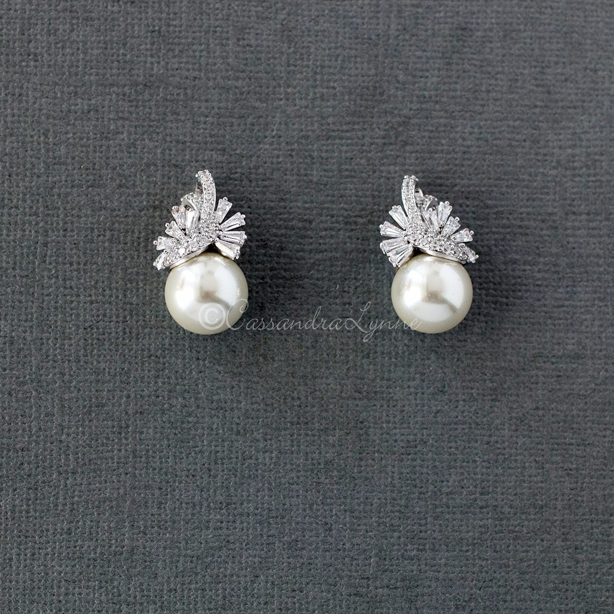 Pearl and CZ Wedding Jewelry Studs - Earrings - Cassandra Lynne